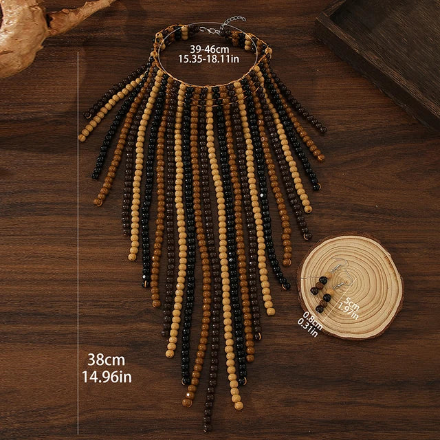 African Wood Beads Multi-layer Tassel  Set Bohemia Colorful Beaded Necklace EarringsChoker for Women Jewelry Set Wedding Party