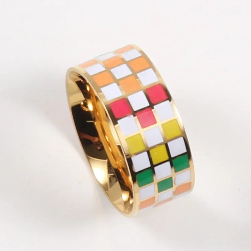 High End PVD Waterproof Simple Checkered Black And White Colorful Ring Trend For Women Stainless Steel Jewelry Wholesale