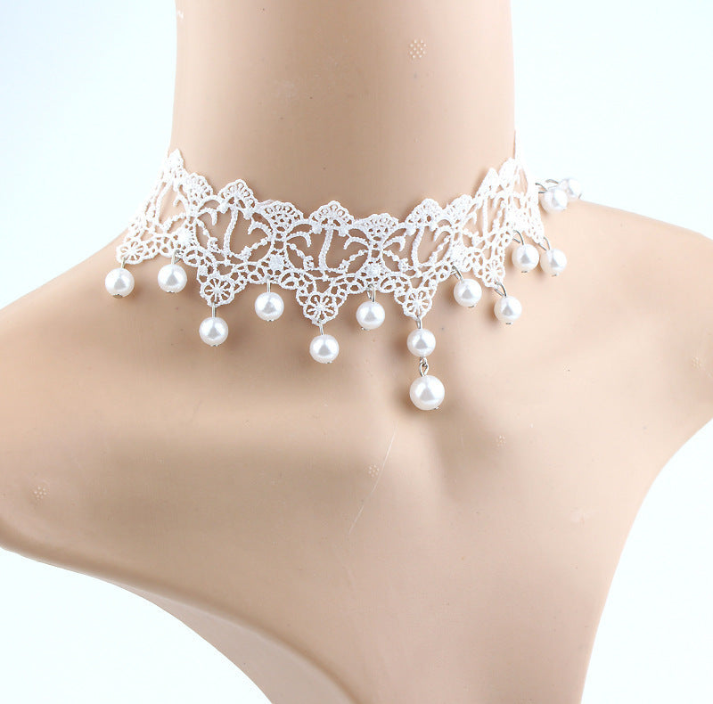 Fashion Bridal Jewelry White Lace Hanging Pearl Necklace