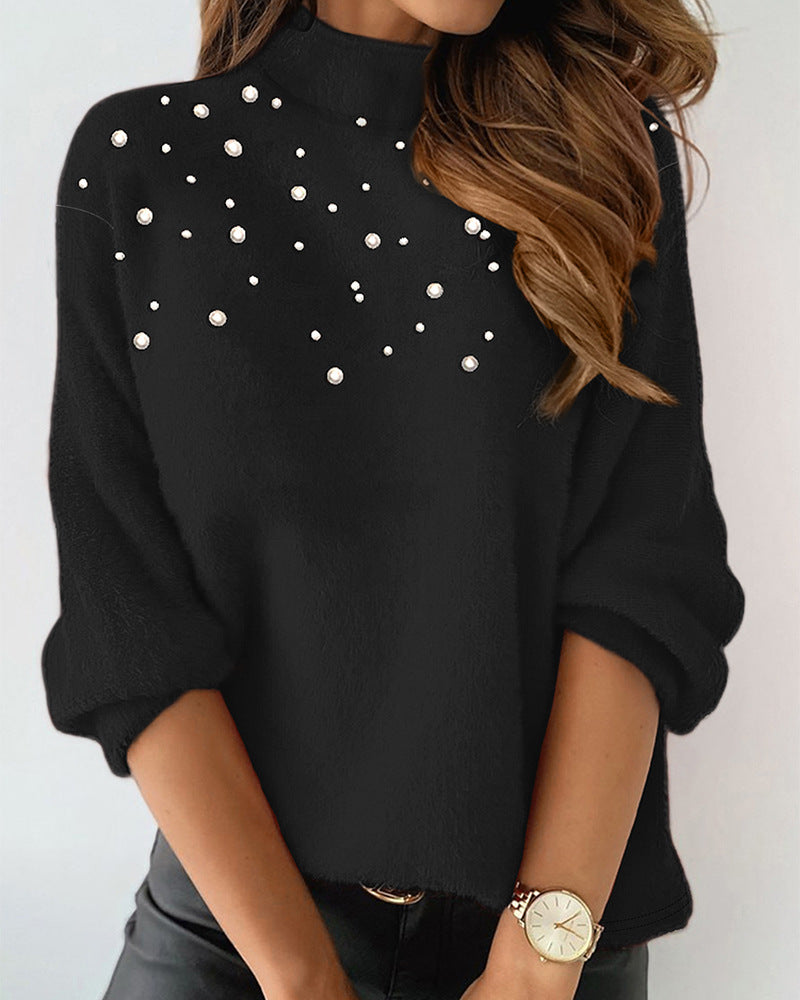 European And American Women's Clothing Beaded Turtleneck Long-sleeved Top