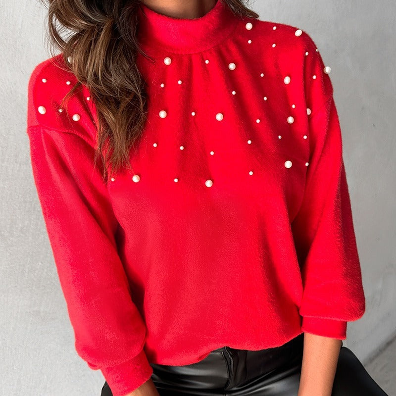 European And American Women's Clothing Beaded Turtleneck Long-sleeved Top