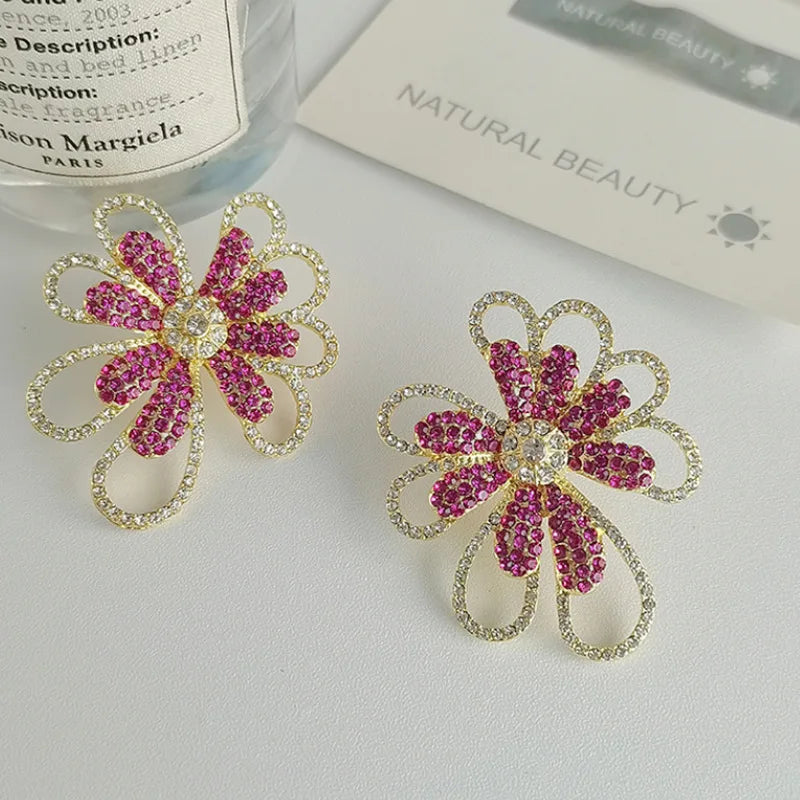 Pink Exaggerated Rhinestone Flower Hollow Metal for Women Girls Trend Design Jewelry Gifts