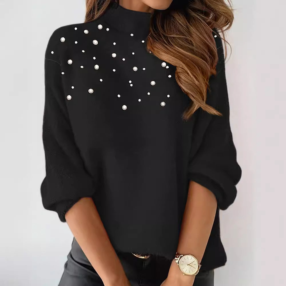 European And American Women's Clothing Beaded Turtleneck Long-sleeved Top