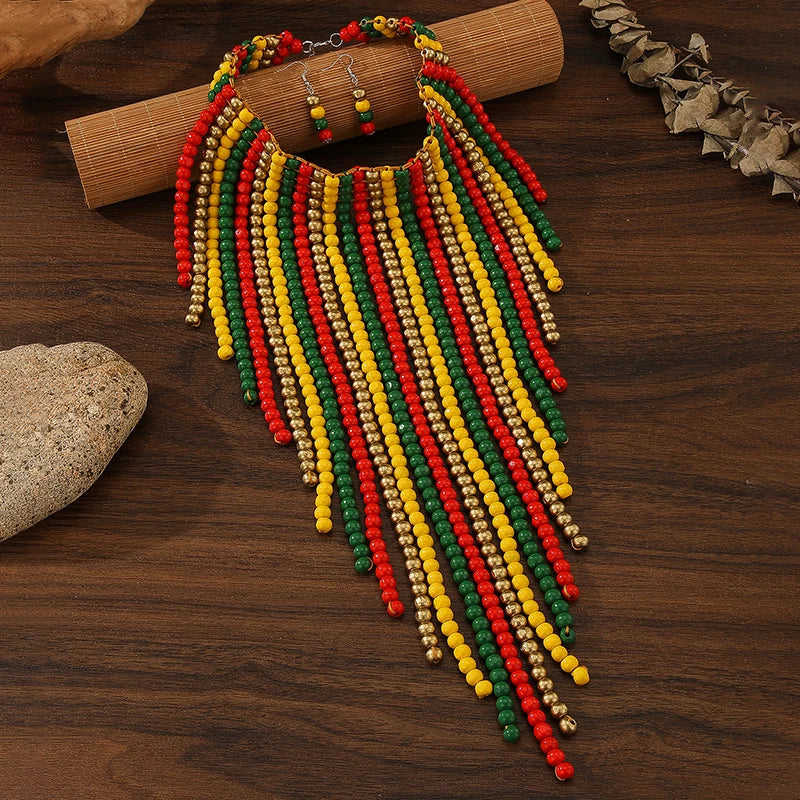 African Wood Beads Multi-layer Tassel  Set Bohemia Colorful Beaded Necklace EarringsChoker for Women Jewelry Set Wedding Party