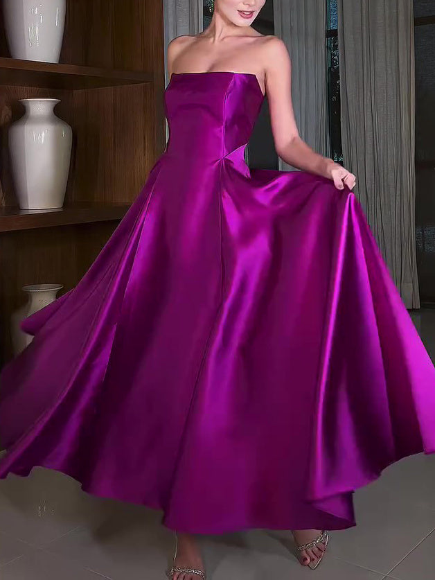 Satin Tube Top Full Skirt Dress