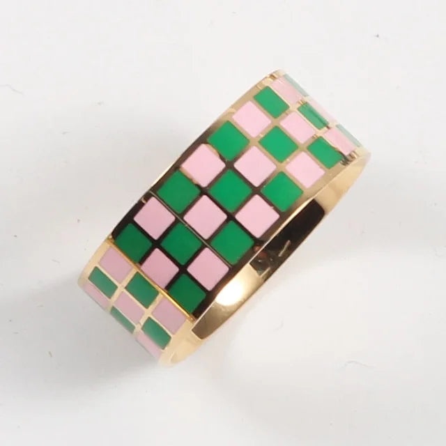 High End PVD Waterproof Simple Checkered Black And White Colorful Ring Trend For Women Stainless Steel Jewelry Wholesale