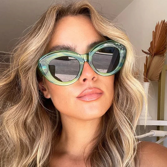 Popular Cat Eye Sunglasses Women Ins Fashion Oval Green Striped Sunglasses Lady Vintage Shades Eyewear Oculos Lunette De Soleil