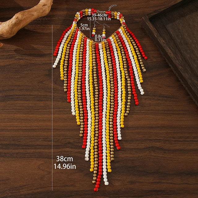 African Wood Beads Multi-layer Tassel  Set Bohemia Colorful Beaded Necklace EarringsChoker for Women Jewelry Set Wedding Party