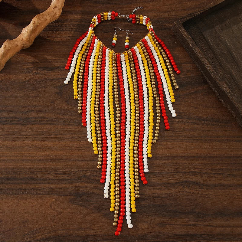 African Wood Beads Multi-layer Tassel  Set Bohemia Colorful Beaded Necklace EarringsChoker for Women Jewelry Set Wedding Party