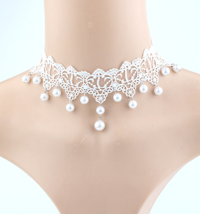 Fashion Bridal Jewelry White Lace Hanging Pearl Necklace