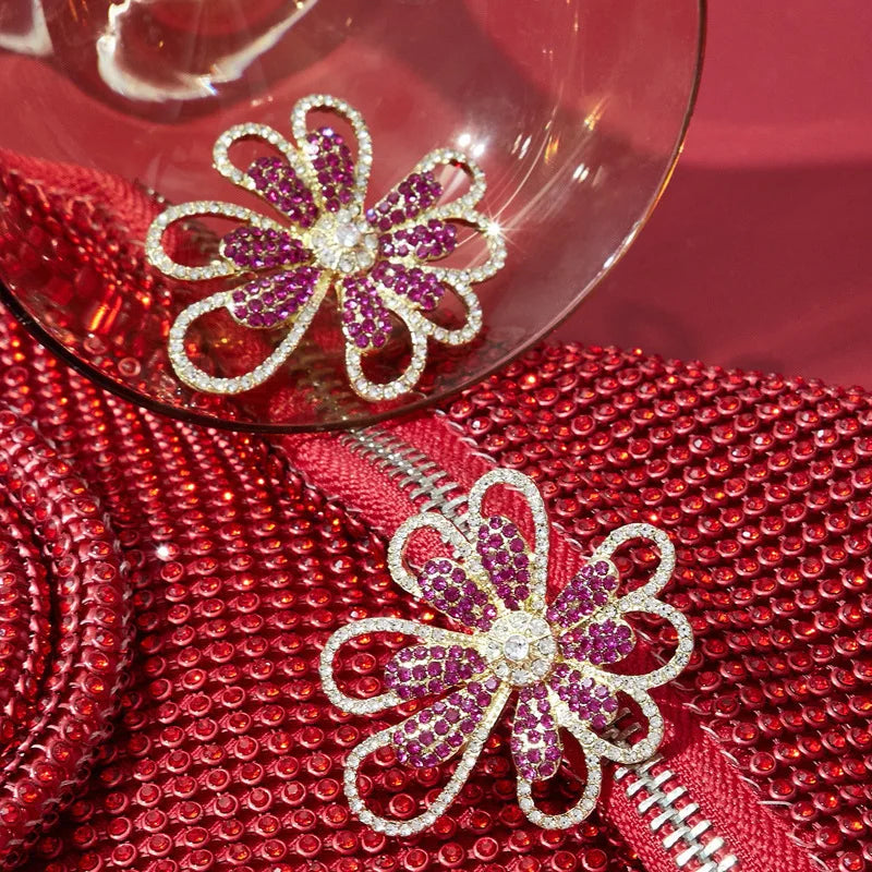 Pink Exaggerated Rhinestone Flower Hollow Metal for Women Girls Trend Design Jewelry Gifts