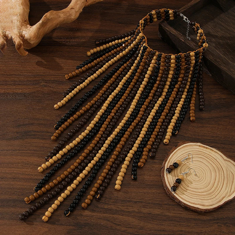 African Wood Beads Multi-layer Tassel  Set Bohemia Colorful Beaded Necklace EarringsChoker for Women Jewelry Set Wedding Party