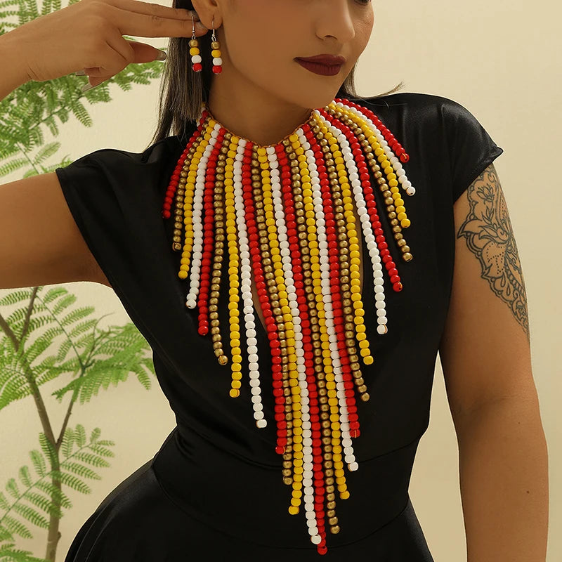 African Wood Beads Multi-layer Tassel  Set Bohemia Colorful Beaded Necklace EarringsChoker for Women Jewelry Set Wedding Party