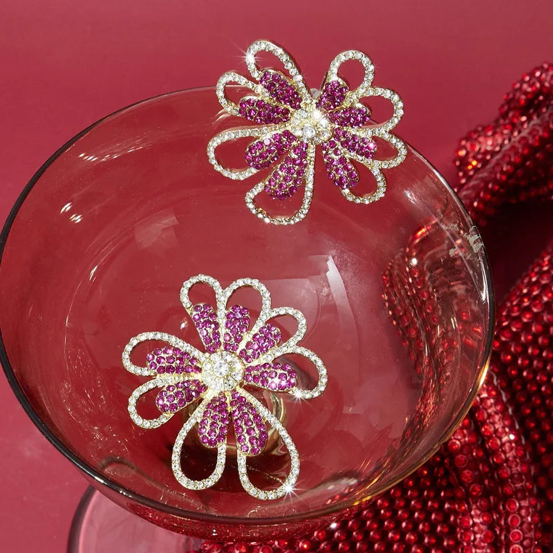 Pink Exaggerated Rhinestone Flower Hollow Metal for Women Girls Trend Design Jewelry Gifts