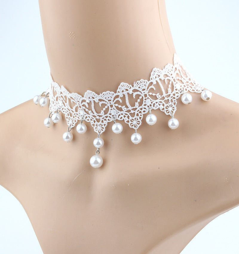 Fashion Bridal Jewelry White Lace Hanging Pearl Necklace