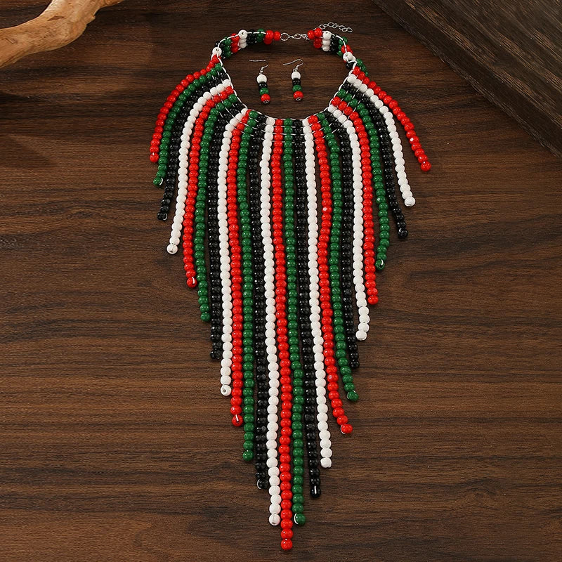 African Wood Beads Multi-layer Tassel  Set Bohemia Colorful Beaded Necklace EarringsChoker for Women Jewelry Set Wedding Party