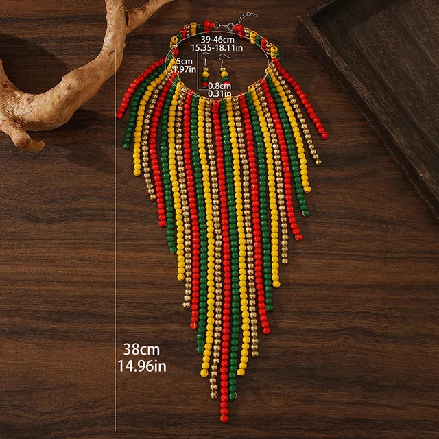 African Wood Beads Multi-layer Tassel  Set Bohemia Colorful Beaded Necklace EarringsChoker for Women Jewelry Set Wedding Party