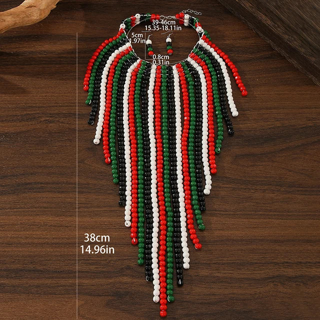 African Wood Beads Multi-layer Tassel  Set Bohemia Colorful Beaded Necklace EarringsChoker for Women Jewelry Set Wedding Party