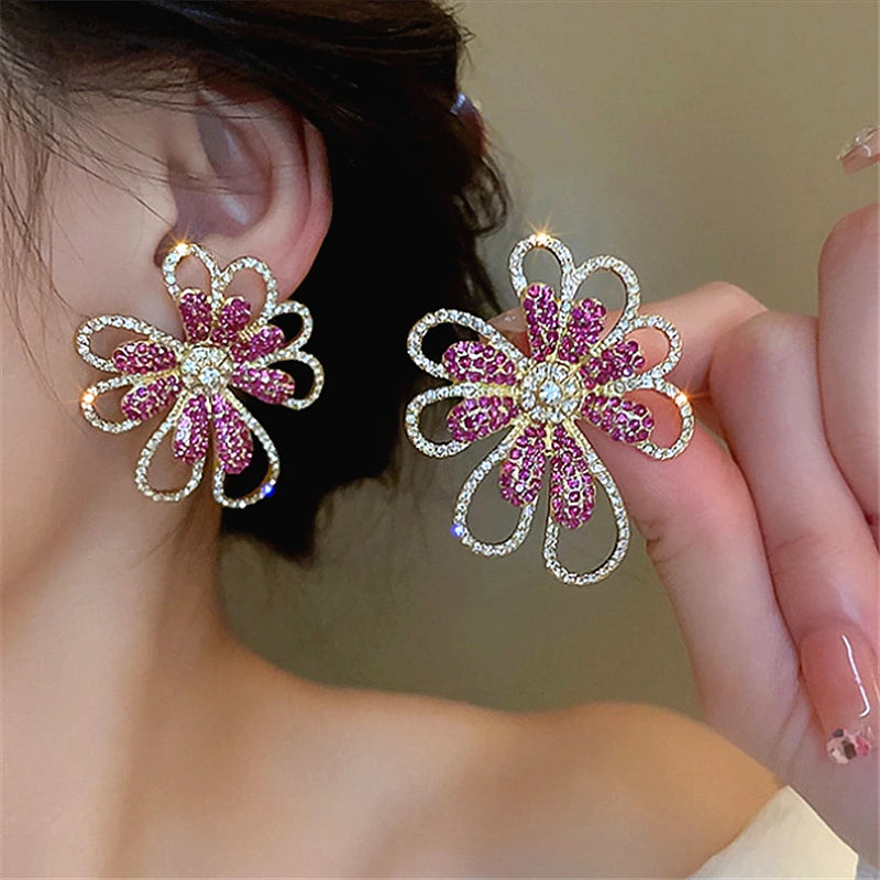 Pink Exaggerated Rhinestone Flower Hollow Metal for Women Girls Trend Design Jewelry Gifts