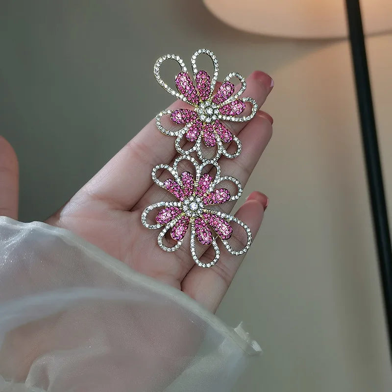 Pink Exaggerated Rhinestone Flower Hollow Metal for Women Girls Trend Design Jewelry Gifts