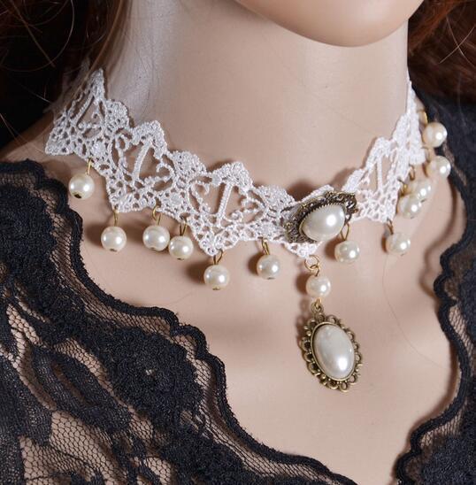 Fashion Bridal Jewelry White Lace Hanging Pearl Necklace